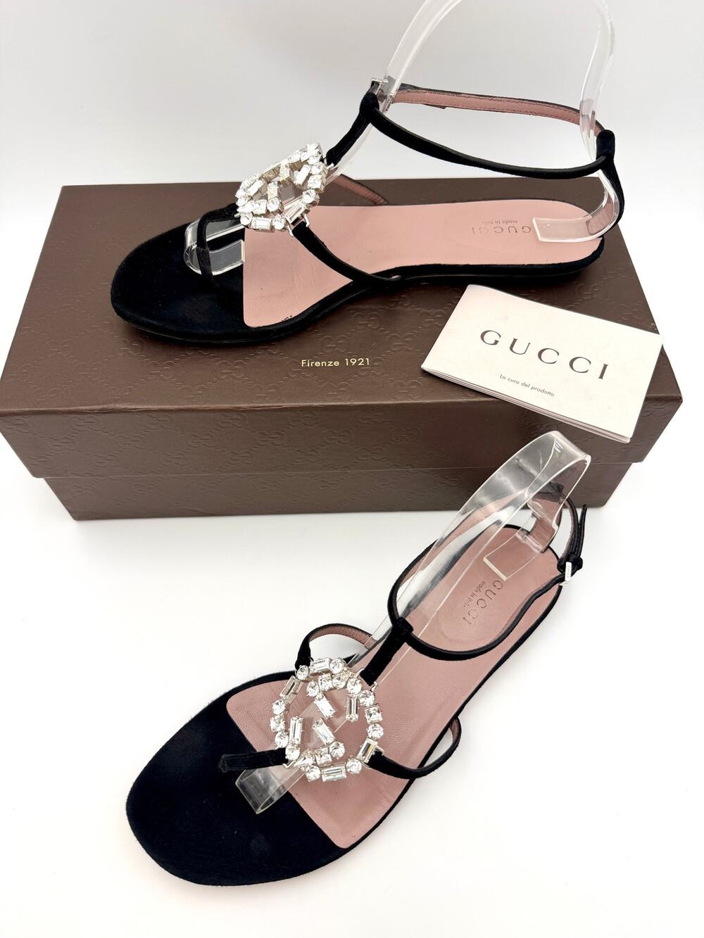 Gucci Black Suede Crystal GG Thong Sandals Size 37.5 / 7 Flat T-strap Gladiator